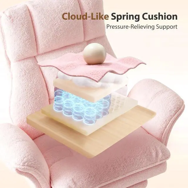 Alt view image 3 of 7 - Big and Tall Office Chair, Flip Armrests for Pets & Cross Legged Sitting, Executive Ergonomic Computer Gaming Chair with Foot Rest, Teddy Fleece Wide Seat Reclining Desk Chair, Pink