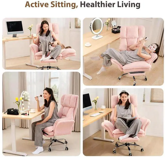 Alt view image 4 of 7 - Big and Tall Office Chair, Flip Armrests for Pets & Cross Legged Sitting, Executive Ergonomic Computer Gaming Chair with Foot Rest, Teddy Fleece Wide Seat Reclining Desk Chair, Pink