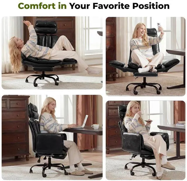 Alt view image 5 of 7 - Criss Cross Office Chair with Armrests & Wheels, Comfy Big and Tall Chair, Ergonomic Executive Gaming Computer Chairs with Foot Rest, PU Leather Wide Seat Reclining Desk Chair, Black