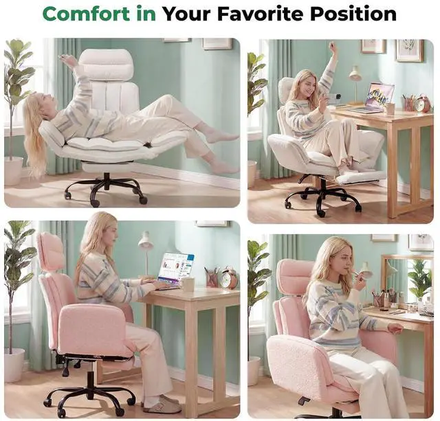 Alt view image 5 of 7 - Criss Cross Office Chair with Armrests & Wheels, Comfy Velvet Vanity Chair, Ergonomic Executive Gaming Computer Chairs with Foot Rest, Wide Seat Reclining Desk Chair, White