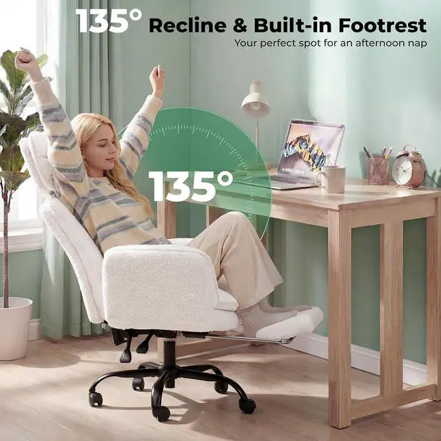 Alt view image 7 of 7 - Criss Cross Office Chair with Armrests & Wheels, Comfy Velvet Vanity Chair, Ergonomic Executive Gaming Computer Chairs with Foot Rest, Wide Seat Reclining Desk Chair, White
