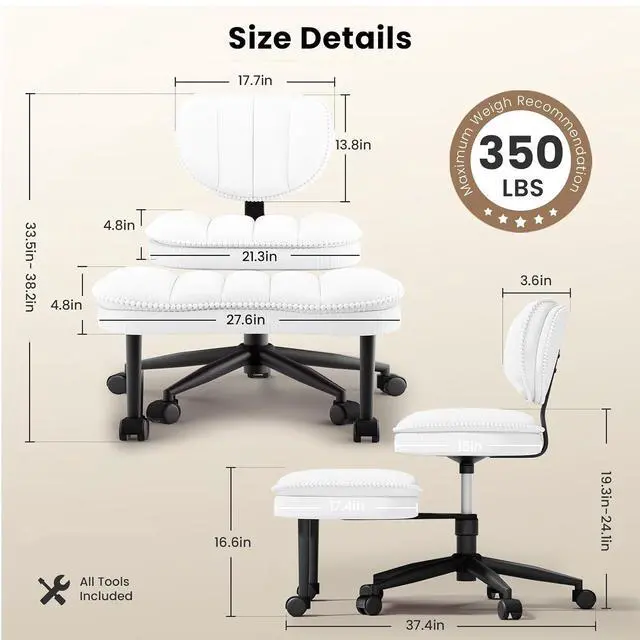 Alt view image 2 of 7 - Cross Legged Office Chair, Ergonomic Cloud Criss Cross Desk Chair, Meditation Chair with Wheels, Height Adjustable Seat for ADHD, Wide Kneeling Chair with Back Support, Corduroy Fabric,White
