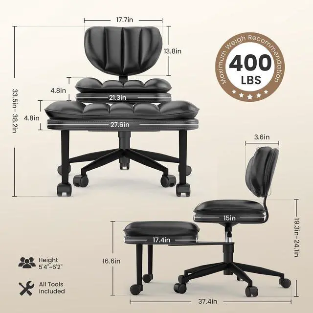 Alt view image 2 of 7 - Cross Legged Office Chair, Ergonomic Cloud Criss Cross Desk Chair, Meditation Chair with Wheels, Height Adjustable Seat for ADHD, Wide Kneeling Chair with Back Support, Black