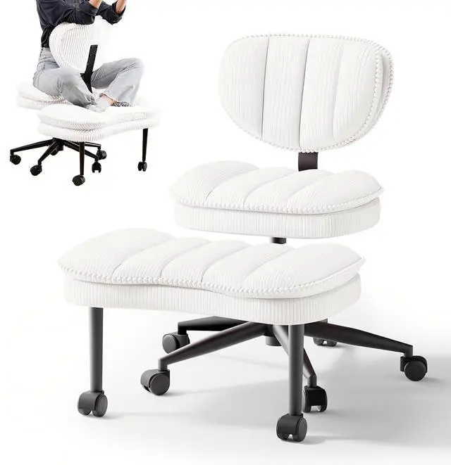 Main image of Cross Legged Office Chair, Ergonomic Cloud Criss Cross Desk Chair, Meditation Chair with Wheels, Height Adjustable Seat for ADHD, Wide Kneeling Chair with Back Support, Corduroy Fabric,White