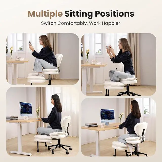Alt view image 3 of 7 - Cross Legged Office Chair, Ergonomic Cloud Criss Cross Desk Chair, Meditation Chair with Wheels, Height Adjustable Seat for ADHD, Wide Kneeling Chair with Back Support