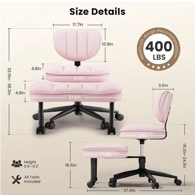 Alt view image 2 of 7 - Cross Legged Office Chair, Ergonomic Cloud Criss Cross Desk Chair, Meditation Chair with Wheels, Height Adjustable Seat for ADHD, Wide Kneeling Chair with Back Support,Pink