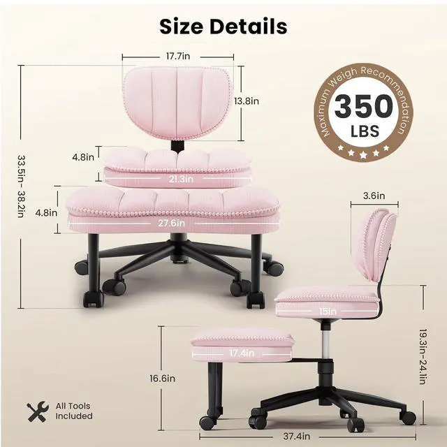 Alt view image 2 of 7 - Cross Legged Office Chair, Ergonomic Cloud Criss Cross Desk Chair, Meditation Chair with Wheels, Height Adjustable Seat for ADHD, Wide Kneeling Chair with Back Support, Pink