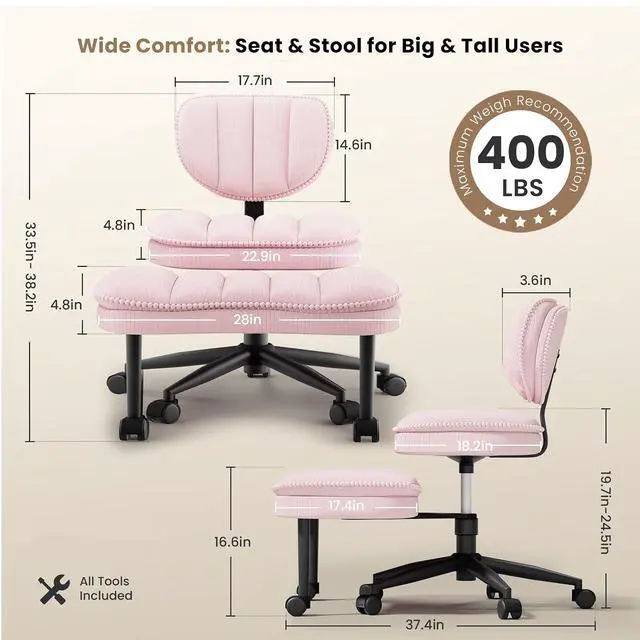 Alt view image 2 of 7 - Extra-Wide & Tall Cross-Legged Office Chair Deeply-Padded Cloud Seat, Ergonomic Back Support, Adjustable Height for ADHD & Meditation, Pink