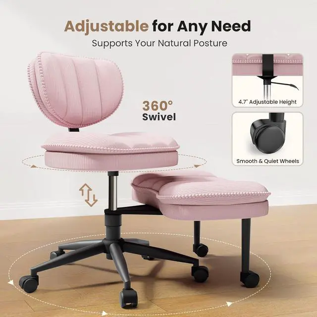Alt view image 5 of 7 - Cross Legged Office Chair, Ergonomic Cloud Criss Cross Desk Chair, Meditation Chair with Wheels, Height Adjustable Seat for ADHD, Wide Kneeling Chair with Back Support,Pink