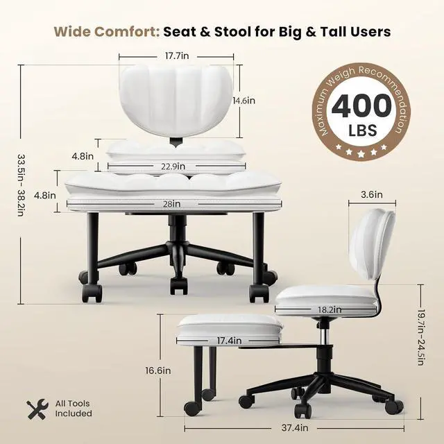 Alt view image 2 of 7 - Extra-Wide & Tall Cross-Legged Office Chair Deeply-Padded Cloud Seat, Ergonomic Back Support, Adjustable Height for ADHD & Meditation, White