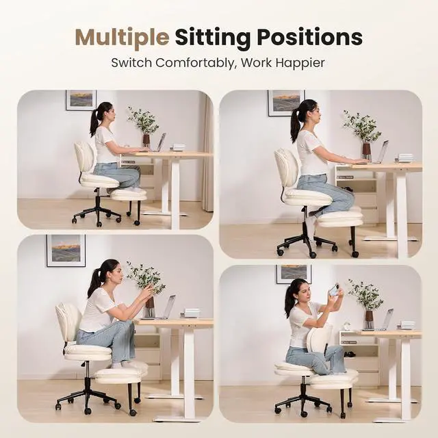 Alt view image 3 of 7 - Extra-Wide & Tall Cross-Legged Office Chair Deeply-Padded Cloud Seat, Ergonomic Back Support, Adjustable Height for ADHD & Meditation, White
