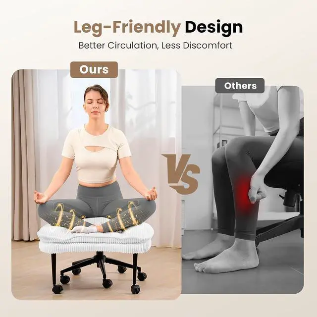 Alt view image 4 of 7 - Cross Legged Office Chair, Ergonomic Cloud Criss Cross Desk Chair, Meditation Chair with Wheels, Height Adjustable Seat for ADHD, Wide Kneeling Chair with Back Support, Corduroy Fabric,White