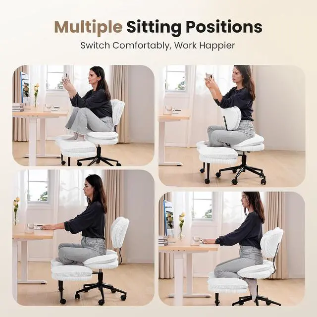 Alt view image 3 of 7 - Cross Legged Office Chair, Ergonomic Cloud Criss Cross Desk Chair, Meditation Chair with Wheels, Height Adjustable Seat for ADHD, Wide Kneeling Chair with Back Support, Corduroy Fabric,White