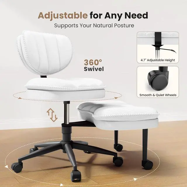 Alt view image 7 of 7 - Cross Legged Office Chair, Ergonomic Cloud Criss Cross Desk Chair, Meditation Chair with Wheels, Height Adjustable Seat for ADHD, Wide Kneeling Chair with Back Support, Corduroy Fabric,White