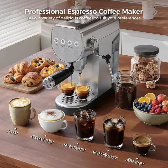 Alt view image 2 of 7 - Coffee Maker, 20 Bar Espresso Machine with Milk Frother & Cold Brew,Compact Coffee Latte Machine for Home, 1250W, Steel Design