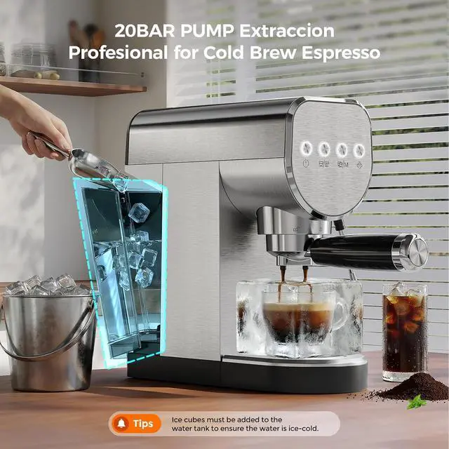 Alt view image 4 of 7 - Coffee Maker, 20 Bar Espresso Machine with Milk Frother & Cold Brew,Compact Coffee Latte Machine for Home, 1250W, Steel Design