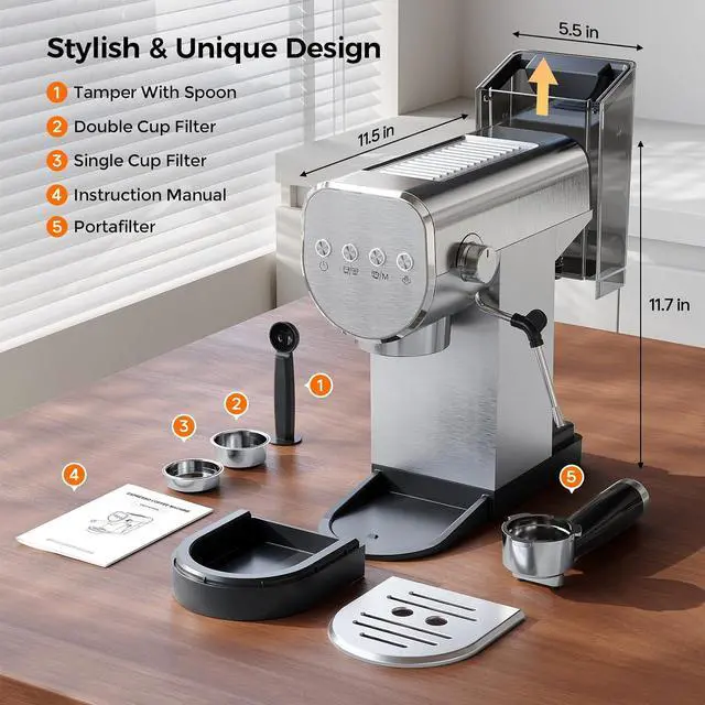 Alt view image 6 of 7 - Coffee Maker, 20 Bar Espresso Machine with Milk Frother & Cold Brew,Compact Coffee Latte Machine for Home, 1250W, Steel Design