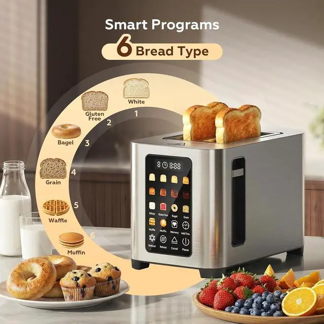 Alt view image 3 of 7 - Toaster 2 Slices, 6 Bread Types & 8 Browning Settings, 1.6" Wide Slots for Bagels, Patbrela Full LED Color Touch Control, Breakfast for Home Kitchen