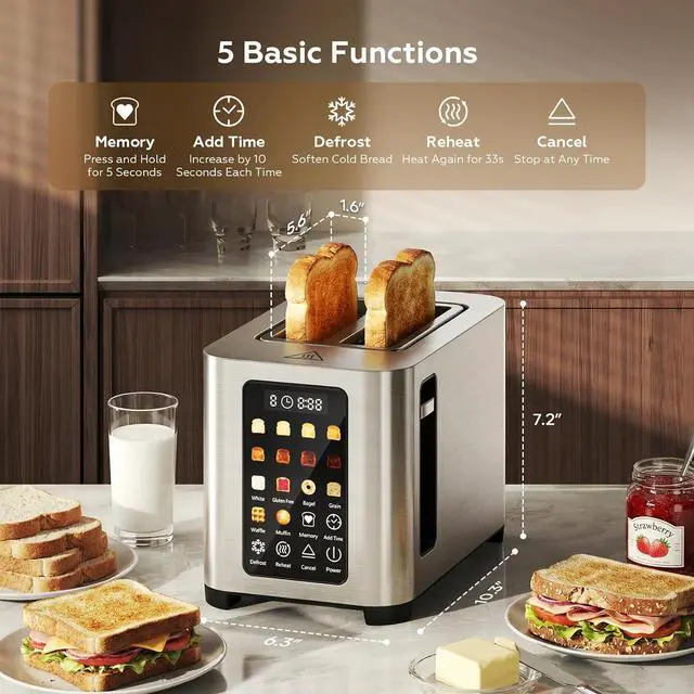 Alt view image 5 of 7 - Toaster 2 Slices, 6 Bread Types & 8 Browning Settings, 1.6" Wide Slots for Bagels, Patbrela Full LED Color Touch Control, Breakfast for Home Kitchen