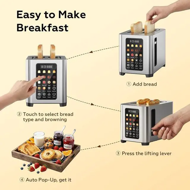 Alt view image 7 of 7 - Toaster 2 Slices, 6 Bread Types & 8 Browning Settings, 1.6" Wide Slots for Bagels, Patbrela Full LED Color Touch Control, Breakfast for Home Kitchen