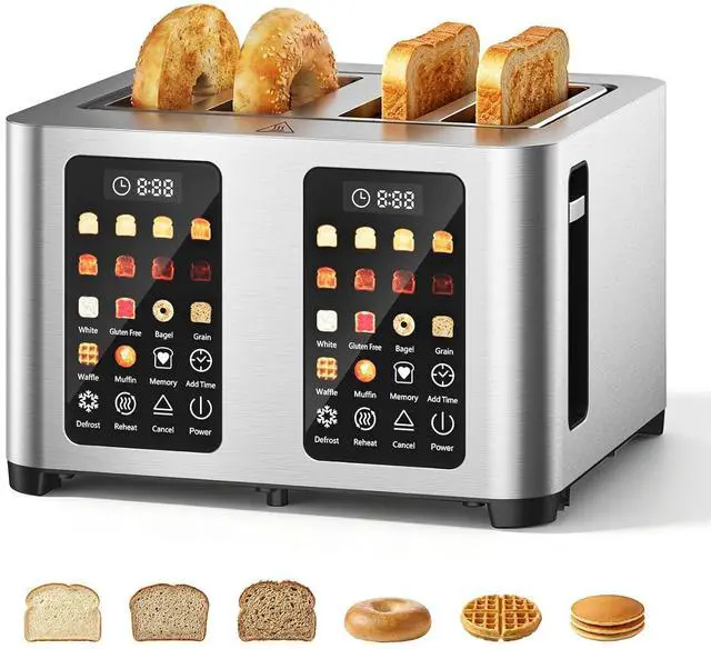 Main image of Toaster 4 Slices, Stainless Steel, Touch Screen for Dual Control, Digital Timer, Smart Toaster with 6 Bread Type, Wide Slot, Removable Crumb Tray