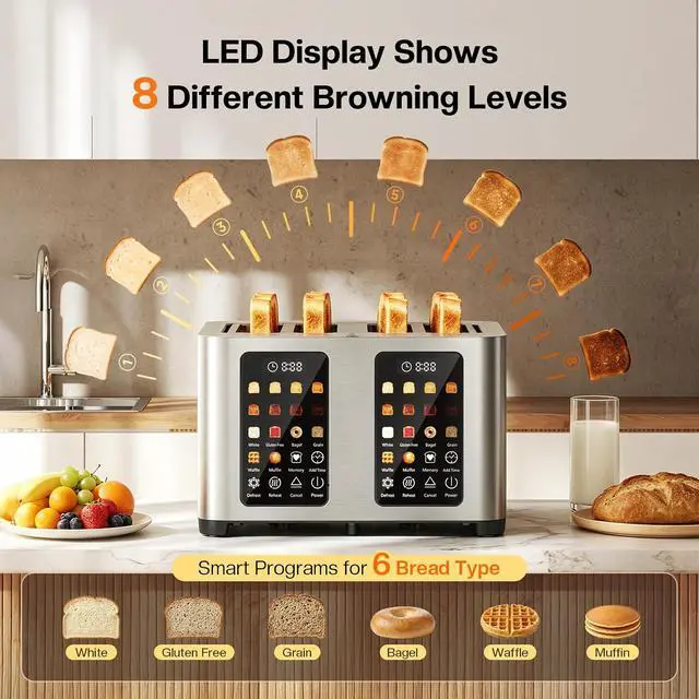 Alt view image 3 of 7 - Toaster 4 Slices, Stainless Steel, Touch Screen for Dual Control, Digital Timer, Smart Toaster with 6 Bread Type, Wide Slot, Removable Crumb Tray