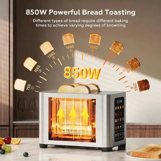 Alt view image 2 of 7 - Toaster 2 Slices, 6 Bread Types & 8 Browning Settings, 1.6" Wide Slots for Bagels, Patbrela Full LED Color Touch Control, Breakfast for Home Kitchen