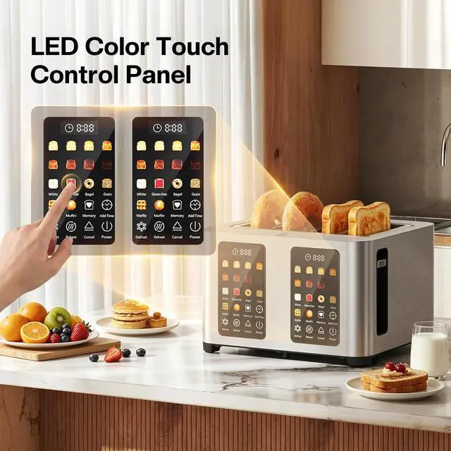 Alt view image 4 of 7 - Toaster 4 Slices, Stainless Steel, Touch Screen for Dual Control, Digital Timer, Smart Toaster with 6 Bread Type, Wide Slot, Removable Crumb Tray