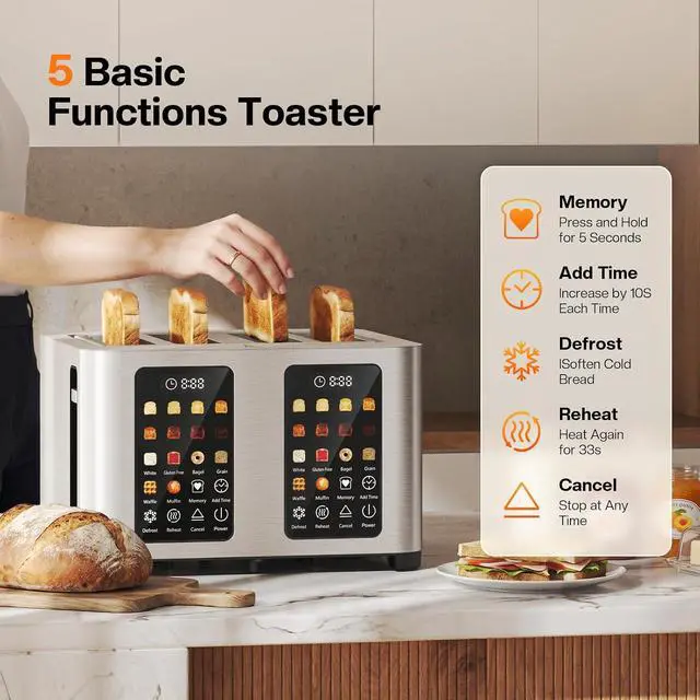 Alt view image 5 of 7 - Toaster 4 Slices, Stainless Steel, Touch Screen for Dual Control, Digital Timer, Smart Toaster with 6 Bread Type, Wide Slot, Removable Crumb Tray