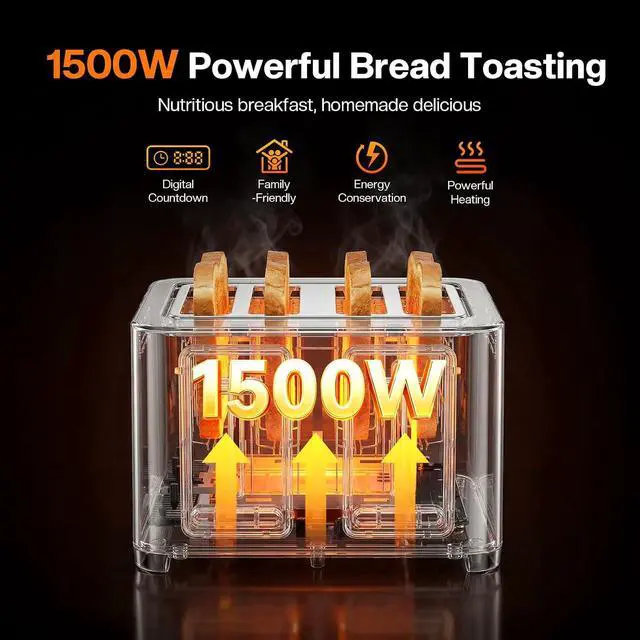 Alt view image 6 of 7 - Toaster 4 Slices, Stainless Steel, Touch Screen for Dual Control, Digital Timer, Smart Toaster with 6 Bread Type, Wide Slot, Removable Crumb Tray