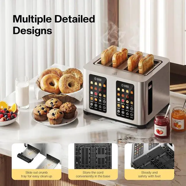 Alt view image 7 of 7 - Toaster 4 Slices, Stainless Steel, Touch Screen for Dual Control, Digital Timer, Smart Toaster with 6 Bread Type, Wide Slot, Removable Crumb Tray