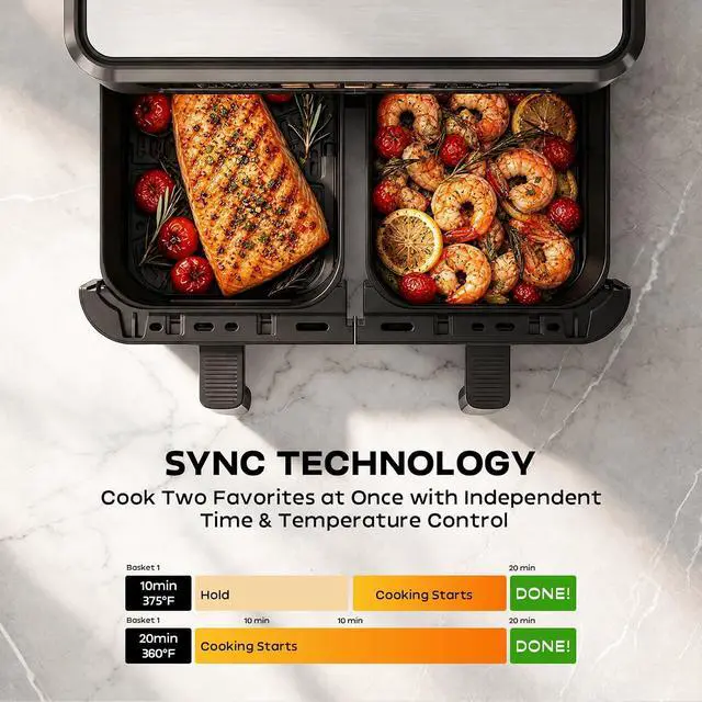 Alt view image 2 of 7 - 13QT Dual Basket Air Fryer Oven, 2800W Dual Zone Air Fryer with Smart Sync & Match Cook, Independent Temperature Control, 10-in-1 Digital Touchscreen Countertop Toaster Oven for Family Meals, Black