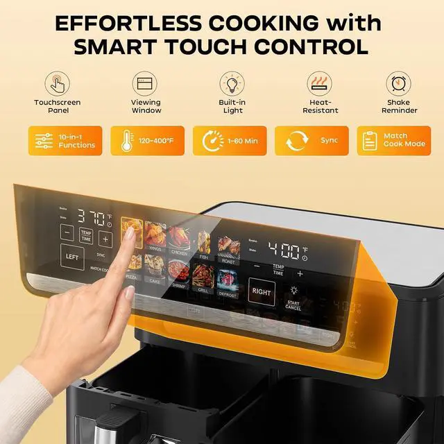Alt view image 4 of 7 - 13QT Dual Basket Air Fryer Oven, 2800W Dual Zone Air Fryer with Smart Sync & Match Cook, Independent Temperature Control, 10-in-1 Digital Touchscreen Countertop Toaster Oven for Family Meals, Black