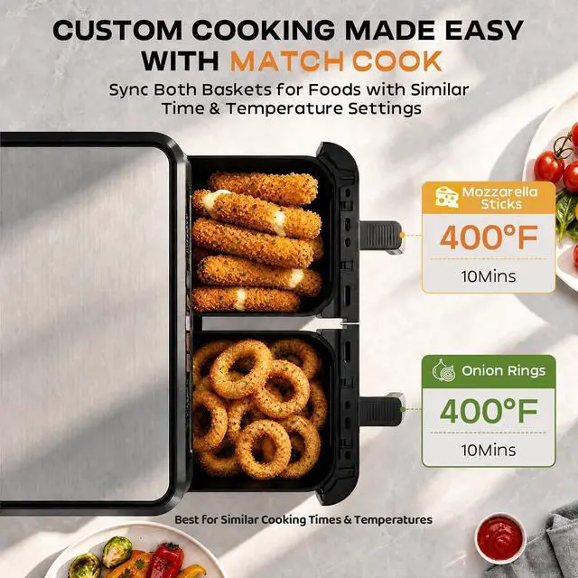 Alt view image 5 of 7 - 13QT Dual Basket Air Fryer Oven, 2800W Dual Zone Air Fryer with Smart Sync & Match Cook, Independent Temperature Control, 10-in-1 Digital Touchscreen Countertop Toaster Oven for Family Meals, Black