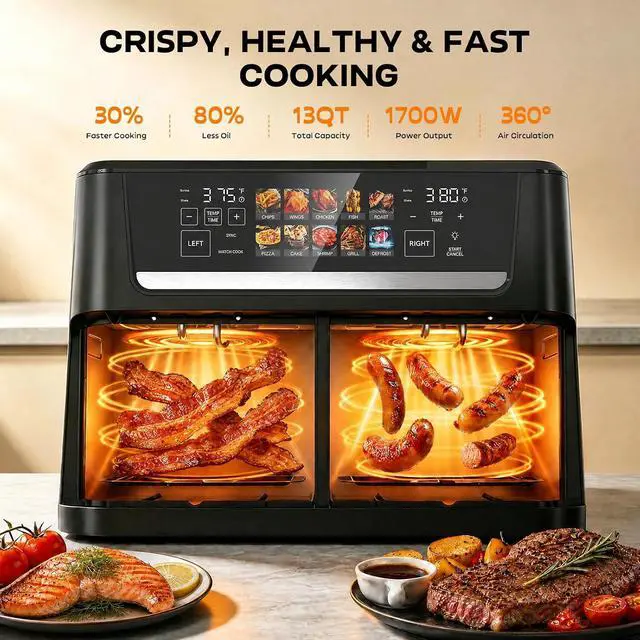 Alt view image 3 of 7 - 13QT Dual Basket Air Fryer Oven, 2800W Dual Zone Air Fryer with Smart Sync & Match Cook, Independent Temperature Control, 10-in-1 Digital Touchscreen Countertop Toaster Oven for Family Meals, Black