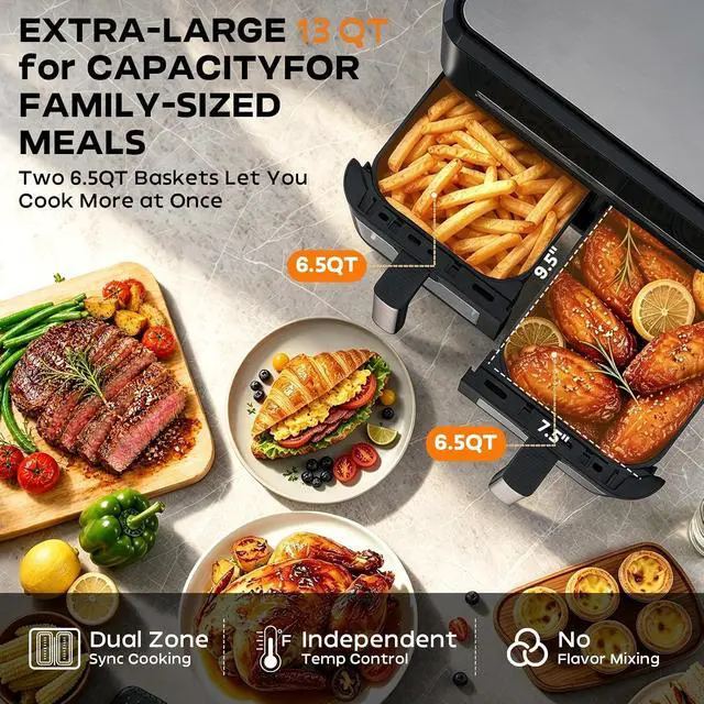 Alt view image 6 of 7 - 13QT Dual Basket Air Fryer Oven, 2800W Dual Zone Air Fryer with Smart Sync & Match Cook, Independent Temperature Control, 10-in-1 Digital Touchscreen Countertop Toaster Oven for Family Meals, Black