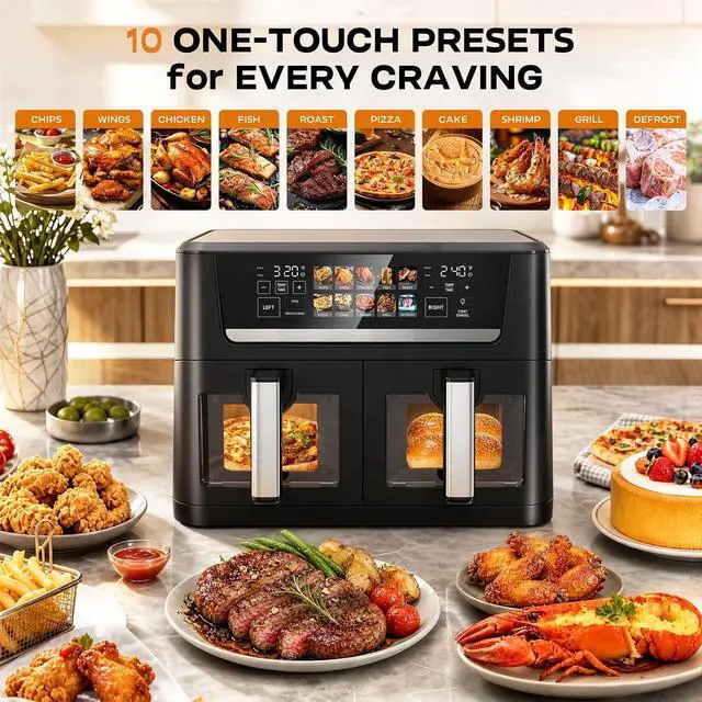 Alt view image 7 of 7 - 13QT Dual Basket Air Fryer Oven, 2800W Dual Zone Air Fryer with Smart Sync & Match Cook, Independent Temperature Control, 10-in-1 Digital Touchscreen Countertop Toaster Oven for Family Meals, Black