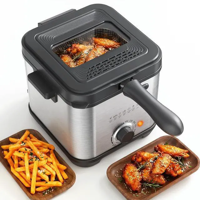 Main image of Deep Fryer, 1.6QT Electric Deep Fryer with Hangable Basket, Viewing Window, Adjustable Temperature 175°F-375°F, Stainless Steel Countertop Oil Fryer, 950W, Dishwasher Safe Parts