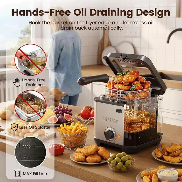 Alt view image 2 of 7 - Deep Fryer, 1.6QT Electric Deep Fryer with Hangable Basket, Viewing Window, Adjustable Temperature 175°F-375°F, Stainless Steel Countertop Oil Fryer, 950W, Dishwasher Safe Parts