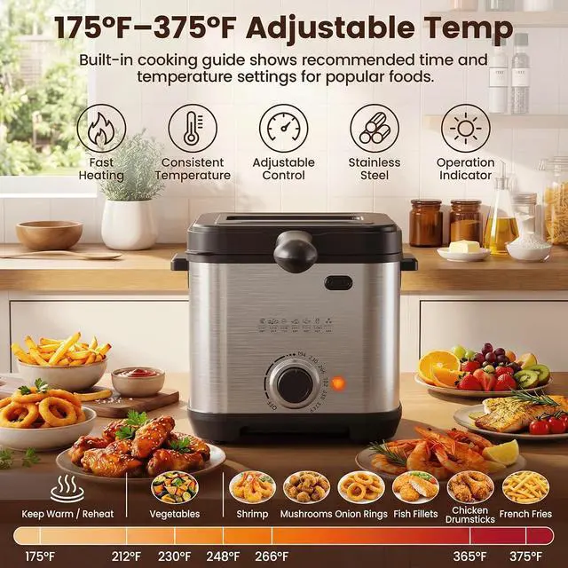 Alt view image 4 of 7 - Deep Fryer, 1.6QT Electric Deep Fryer with Hangable Basket, Viewing Window, Adjustable Temperature 175°F-375°F, Stainless Steel Countertop Oil Fryer, 950W, Dishwasher Safe Parts