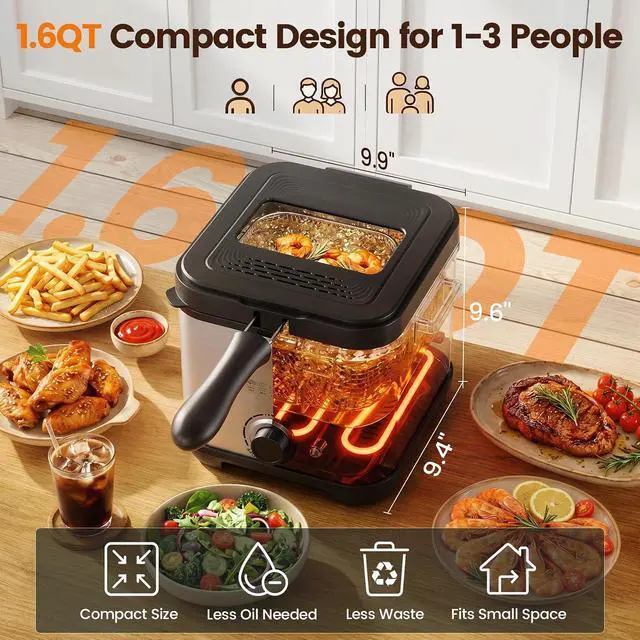 Alt view image 5 of 7 - Deep Fryer, 1.6QT Electric Deep Fryer with Hangable Basket, Viewing Window, Adjustable Temperature 175°F-375°F, Stainless Steel Countertop Oil Fryer, 950W, Dishwasher Safe Parts