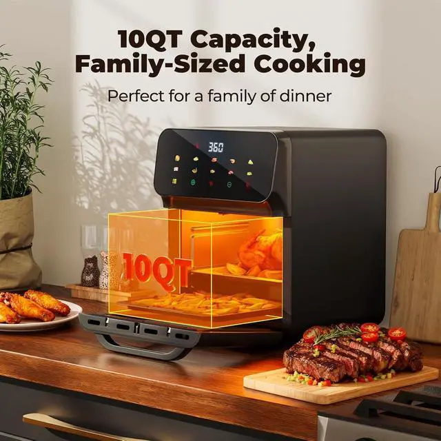 Alt view image 4 of 7 - 10QT Air Fryer, Convection Oven With 10 Preset Cooking Mode, Bake, Roast, Reheat, Broiler, Dehydrate, Toaster Baker, 85% Oil-Less, Visible Window and LED Digital Color Display