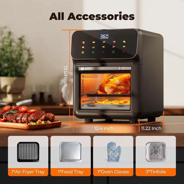 Alt view image 7 of 7 - 10QT Air Fryer, Convection Oven With 10 Preset Cooking Mode, Bake, Roast, Reheat, Broiler, Dehydrate, Toaster Baker, 85% Oil-Less, Visible Window and LED Digital Color Display