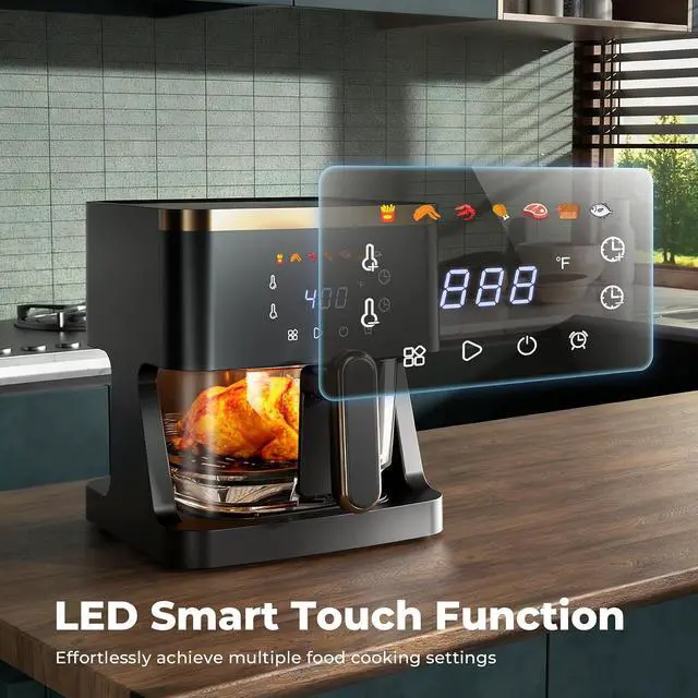 Alt view image 2 of 7 - 7-in-1 Air Fryer, 5 QT Glass Basket Fryer, 360° Cooking Window, 1400W Precise Heating, Air Fry, Reheat, Roast, Bake, LED Smart Touchscreen