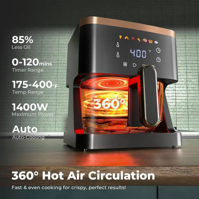 Alt view image 3 of 7 - 7-in-1 Air Fryer, 5 QT Glass Basket Fryer, 360° Cooking Window, 1400W Precise Heating, Air Fry, Reheat, Roast, Bake, LED Smart Touchscreen