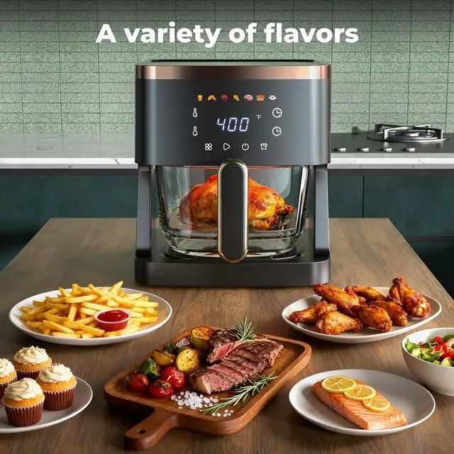 Alt view image 4 of 7 - 7-in-1 Air Fryer, 5 QT Glass Basket Fryer, 360° Cooking Window, 1400W Precise Heating, Air Fry, Reheat, Roast, Bake, LED Smart Touchscreen