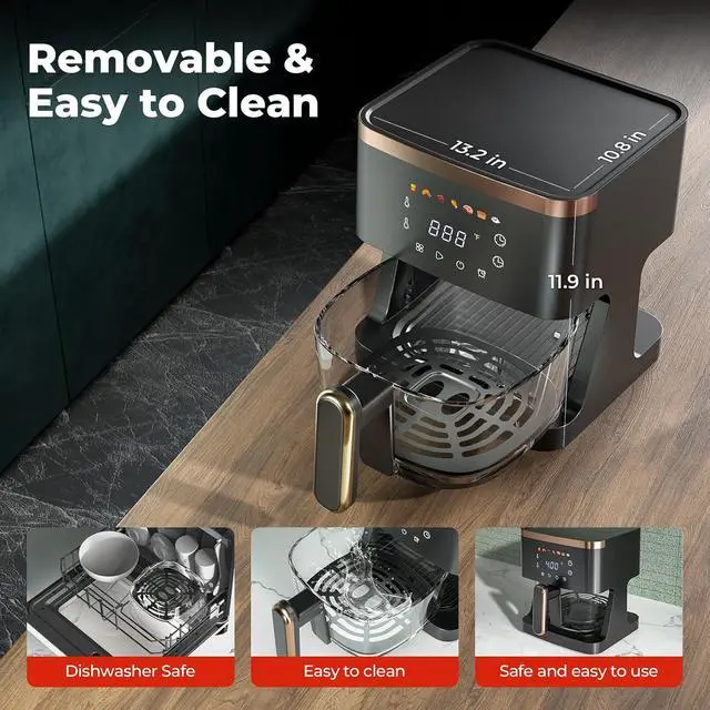 Alt view image 6 of 7 - 7-in-1 Air Fryer, 5 QT Glass Basket Fryer, 360° Cooking Window, 1400W Precise Heating, Air Fry, Reheat, Roast, Bake, LED Smart Touchscreen