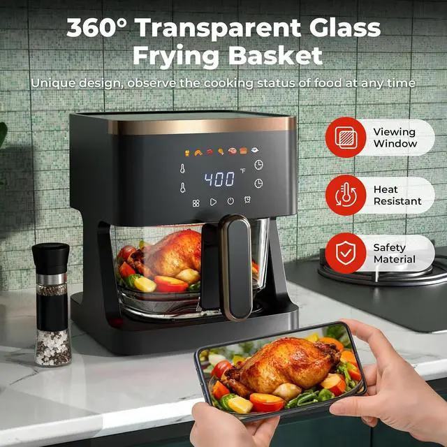 Alt view image 5 of 7 - 7-in-1 Air Fryer, 5 QT Glass Basket Fryer, 360° Cooking Window, 1400W Precise Heating, Air Fry, Reheat, Roast, Bake, LED Smart Touchscreen