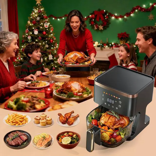 Alt view image 7 of 7 - 7-in-1 Air Fryer, 5 QT Glass Basket Fryer, 360° Cooking Window, 1400W Precise Heating, Air Fry, Reheat, Roast, Bake, LED Smart Touchscreen
