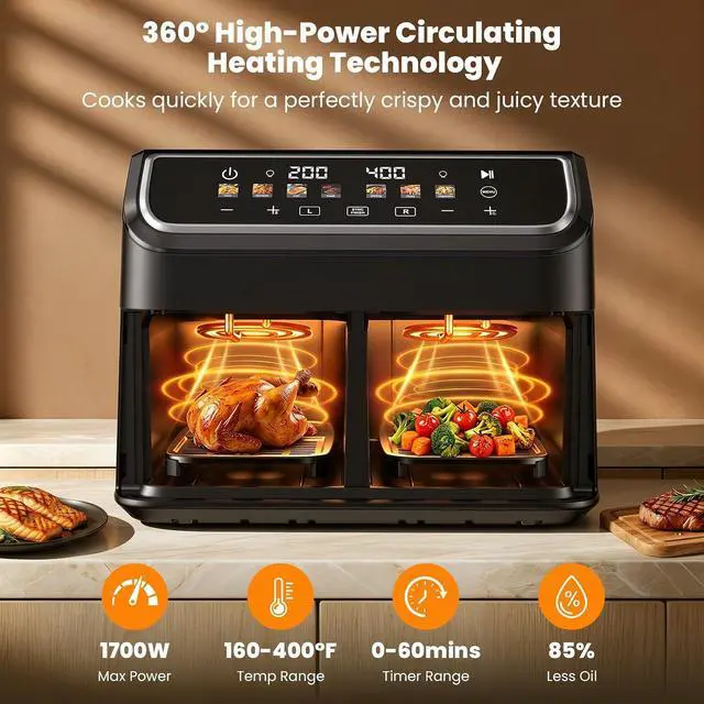 Alt view image 2 of 7 - 10QT Air Fryer Dual Basket, SYNC Match Cook, Independent Dual Controls, 7 Food Presets, Roasting, Baking, Reheating, 1700W LED Color Display